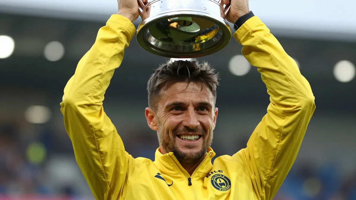 Mjällby assistant coach Karl Marius Aksum lifted the trophy after the season finale against Häcken in Hällevik, an image...