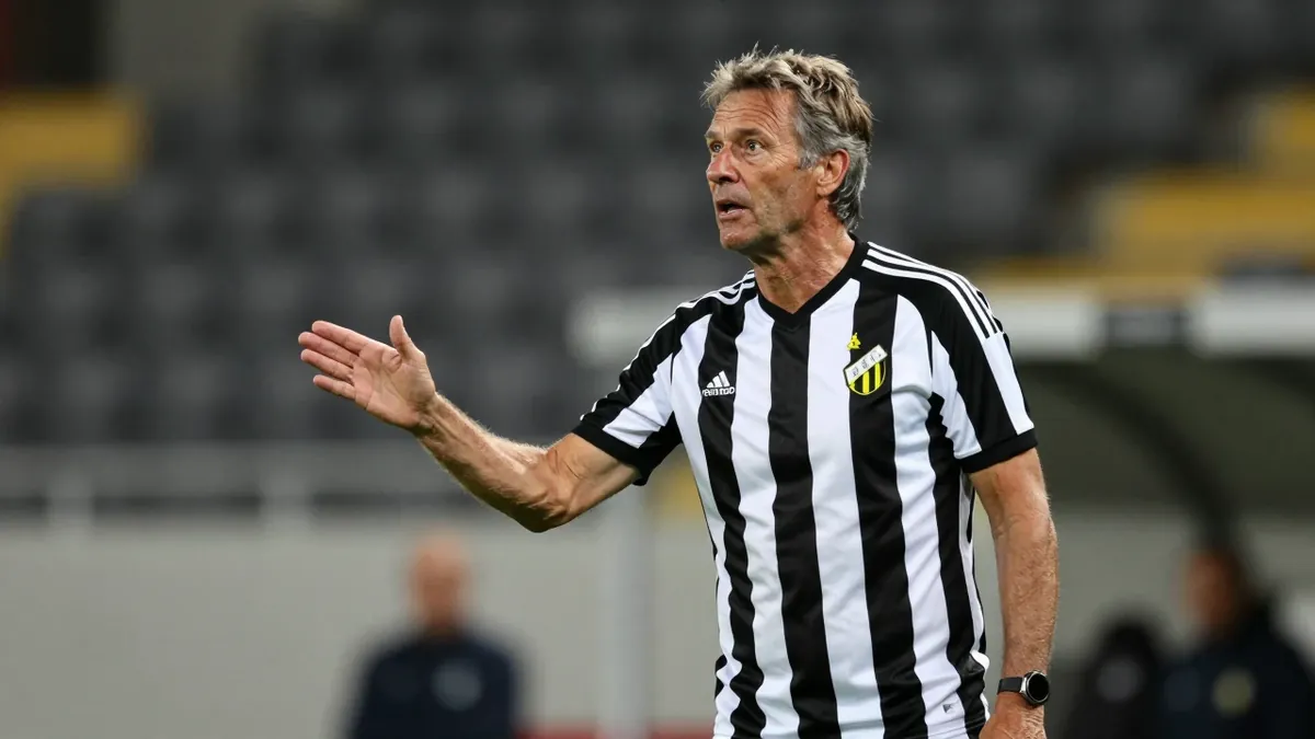 A 50-year-old Häcken coach, with a weathered face and graying temples, stands on the Bravida Arena pitchside, his eyes...