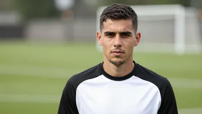 Mid-20s Häcken midfielder, athletic build, intense eyes, short dark hair, slight stubble, wearing a plain black and white...